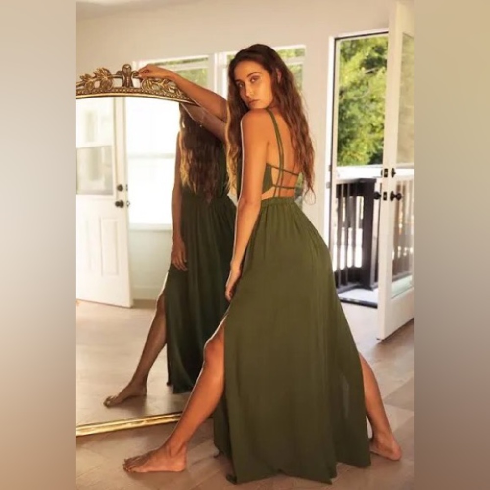 Olive green maxi dress with double side slits